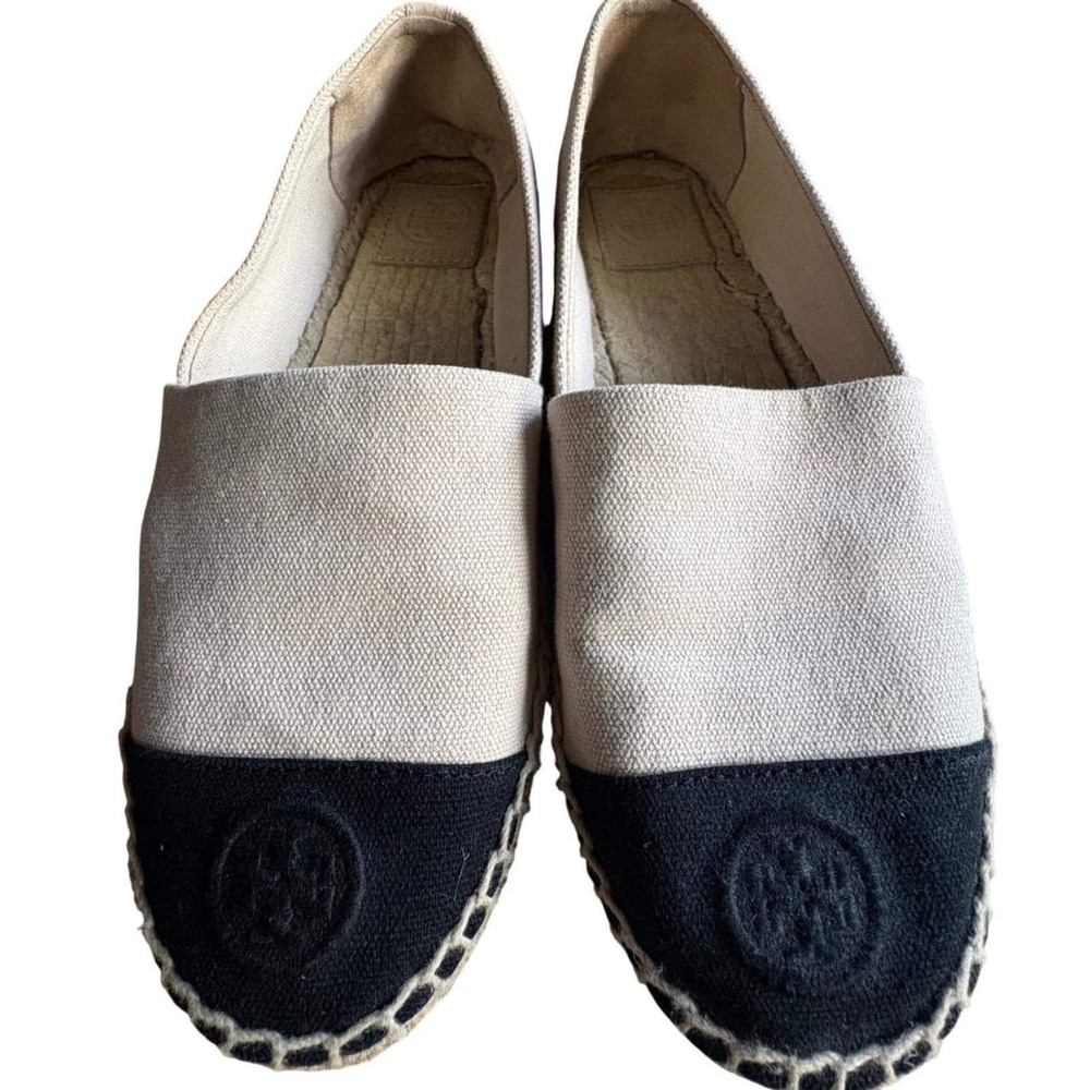 $198 TORY BURCH Espadrille Flats Canvas Cream & Black Toe w/Logo Women's‎ Sz 7.5
